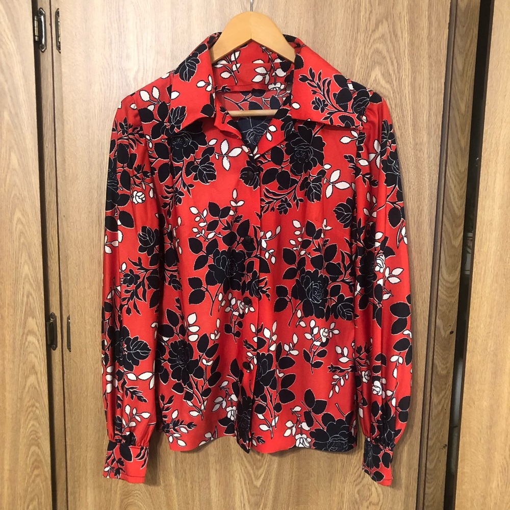 Vintage 1970s Red and Black Floral Button Down Handmade Shirt